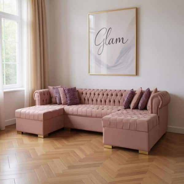 136.00 in. Square Arm 3 piece Velvet U-Shaped Sectional Sofa in. Pink