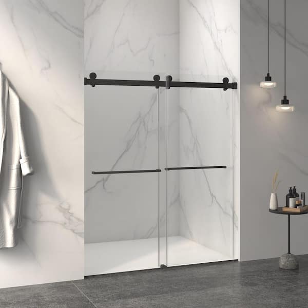 56-60 in. W x 70 in. H Sliding Frameless Shower Door in Matte Black Finish with Clear Tempered Glass