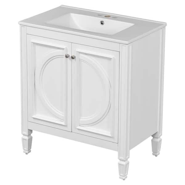 Isolde 30 in. White Modern Bath Vanity with White Ceramic Top, Shelves, Internal Drawers, Cabinet, Rubberwood, MDF