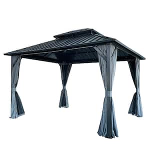 10 ft. x 12 ft. Blue Outdoor Patio Galvanized Steel Hardtop Gazebo Aluminum Frame with Netting and Curtains