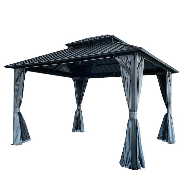 Mondawe 10 ft. x 12 ft. Blue Outdoor Patio Galvanized Steel Hardtop Gazebo Aluminum Frame with Netting and Curtains