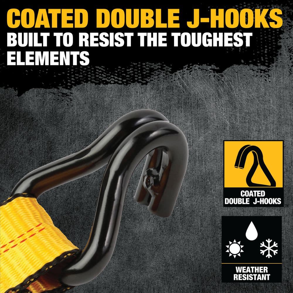 Heavy-Duty Black and Yellow 27 ft Ratchet Tie-Down Strap with J-Hooks