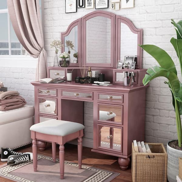Furniture of America Serena 2-Piece Rose Gold Mirror Panel Vanity Set