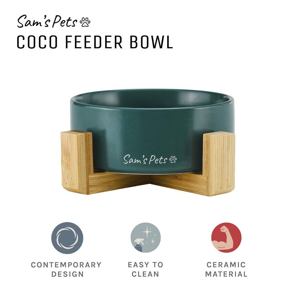 Green Ceramic Pet Bowl with Wooden Stand