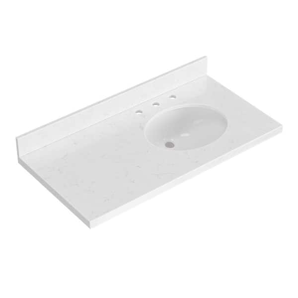 ARIEL 42 in. W x 22 in. D in Carrara White Quartz with 1.5 in Thick Milter Edge with Round Single Sink Vanity Top in White