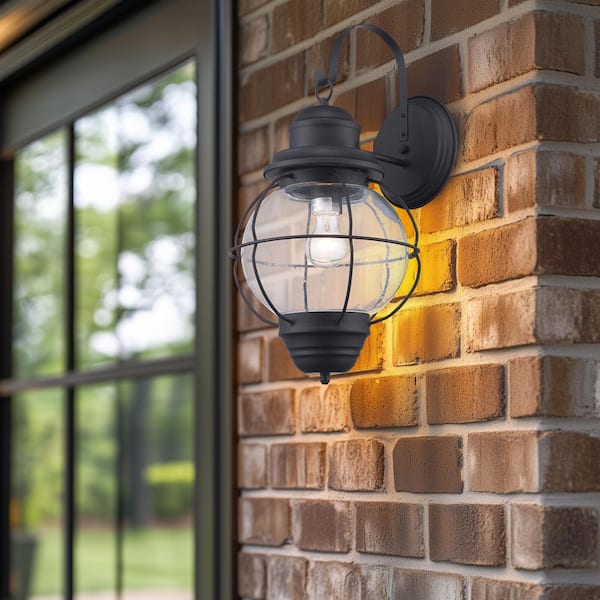 Catalina 19 in. 1-Light Black Outdoor Wall Light Fixture with Seeded Glass