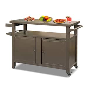 Brown Outdoor Metal Bar Serving Grill Cart, Portable Storage Cabinet with Wheels, Grill Table Cooking Prep BBQ Table