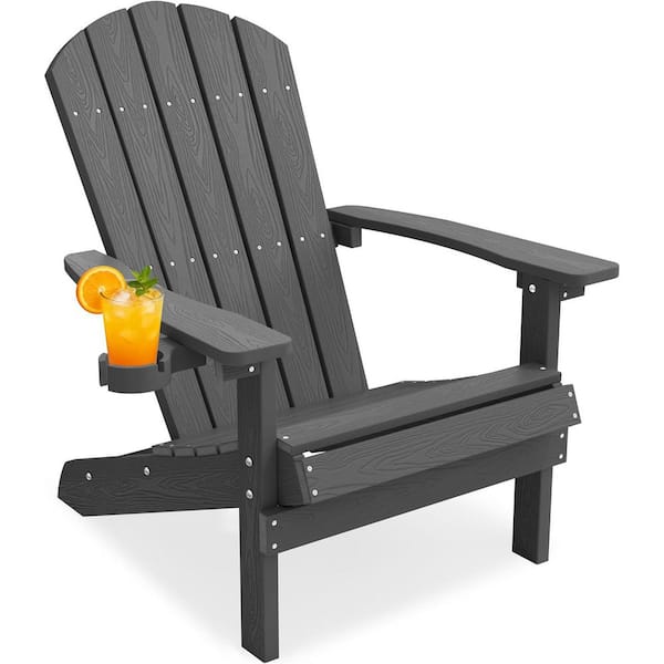 Classic Dark Gray HIPS Plastic Outdoor Patio Adirondack Chair with Cup Holder