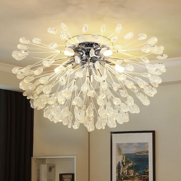 Amari 20.4 in. 5-Light Chrome Modern Sputnik Starburst Crystal Semi-Flush Mount Light