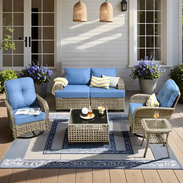 Toject Torino Gray 6-Piece Modern Wicker Patio Conversation Deep Seating Set with Swivel Rocking Chairs and Blue Cushions