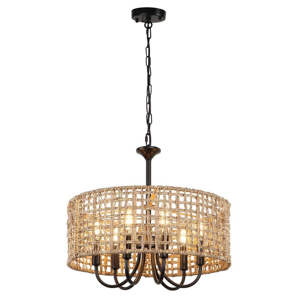 17.7 in. 6-Light Black Rattan Boho Chandelier with Wicker Shade for Kitchen