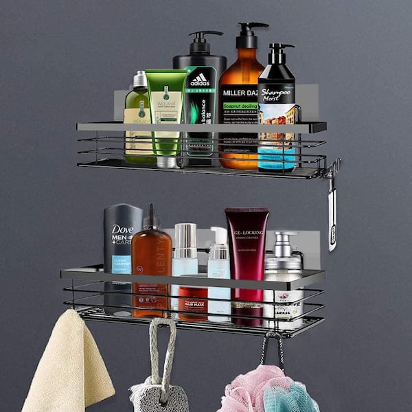 Orimade Shower Caddy with 5 Hooks for Hanging Razor and Sponge Adhesive Shower Shelf Basket Bathroom Storage Organizer Kitchen R