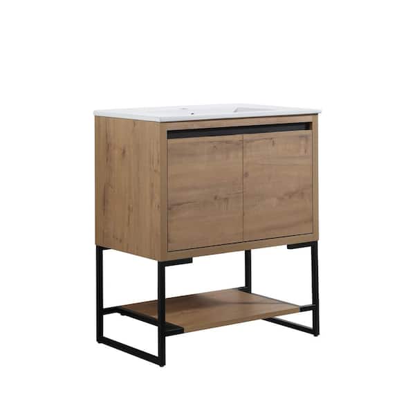 FORCLOVER 30 in. W x 18-5/16 in. D x 35-1/16 in. H Bath Vanity in Imitative Oak with White Ceramics Top