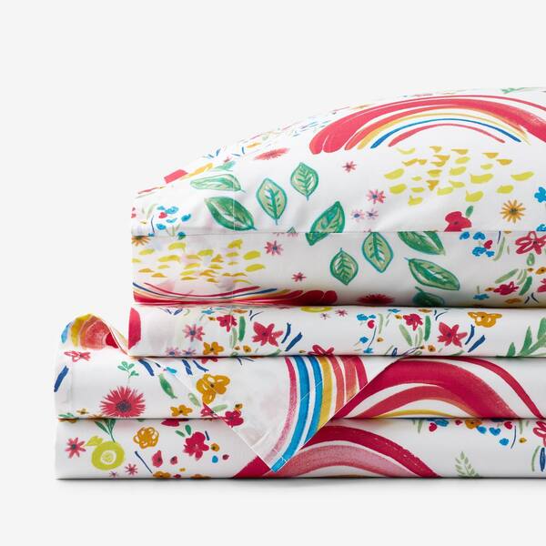 Company Kids by The Company Store Company Kids Rainbow Organic 4-Piece Multicolored Cotton Percale Queen Sheet Set