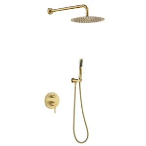 Single Handle 2-Spray 10 in. Round Shower Faucet 1.5 GPM with High Pressure in Brushed Gold (Valve Included)