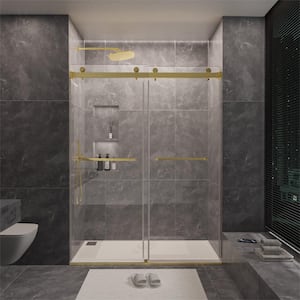 72 in. W x 80 in. H Sliding Frameless Shower Door in Brushed Gold with 3/8 in. Clear Glass