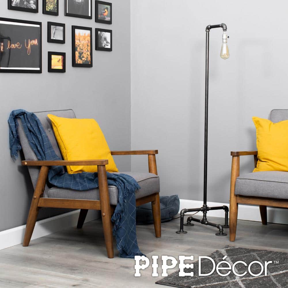Industrial Black Steel Pipe Floor Lamp with Edison Bulb