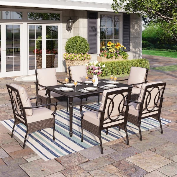 PHI VILLA 7-Piece Metal Patio Outdoor Dining Set with Black Rectangle Straight-Leg Table and Chairs with Beige Cushions