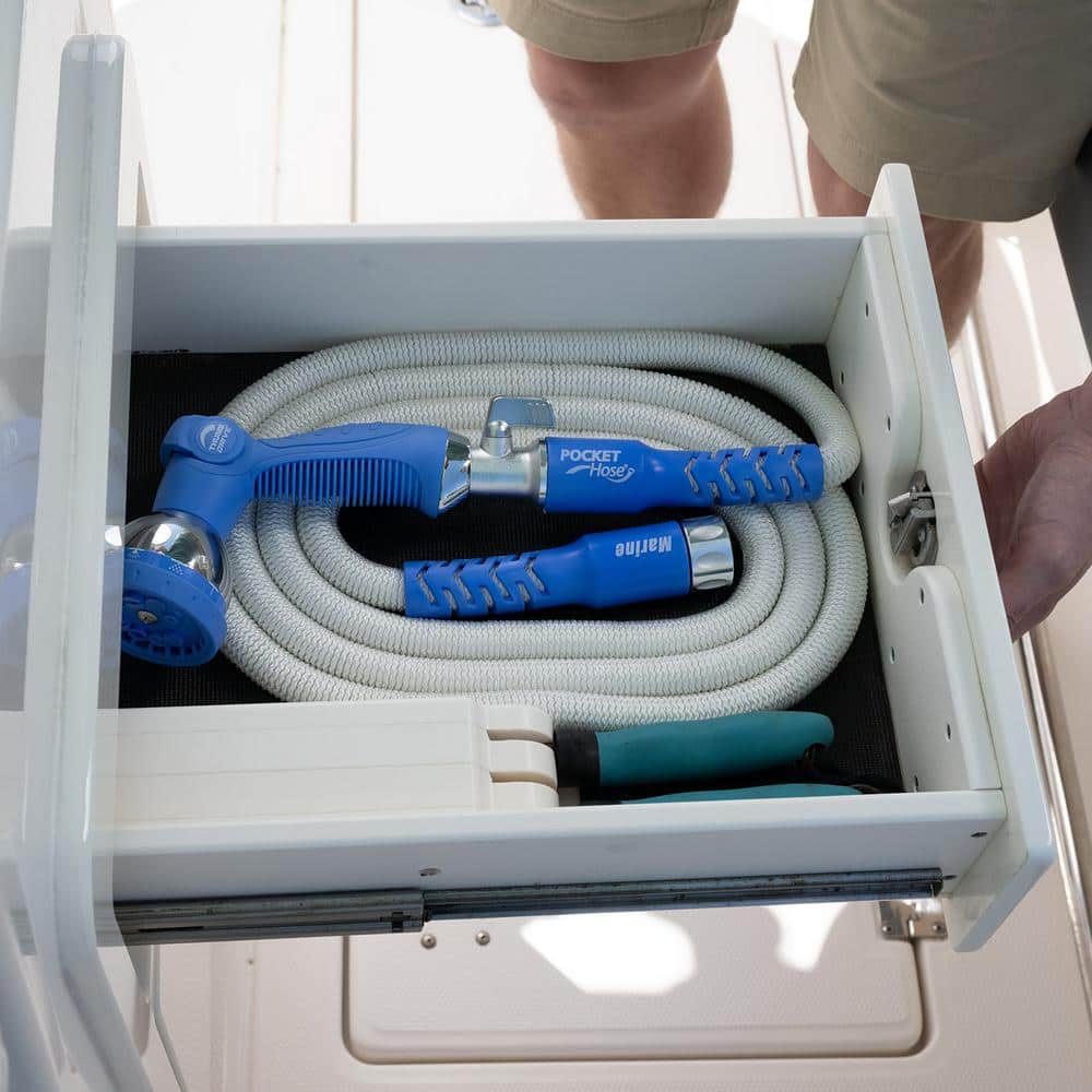White and Blue Expandable Marine Hose with Spray Nozzle, 25 ft
