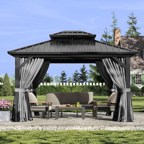10 ft. x 12 ft. Black Outdoor Dual-Layer Galvanized Steel Gazebo with Netting and Curtains for Garden, Patio, Lawns