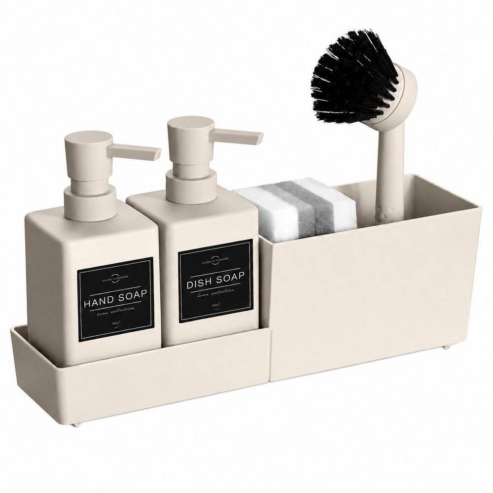 Beige ABS Kitchen Soap Dispenser Set with Sponge Holder and Brush Holder for Sink Countertop Storage price history on PriceWatchPro