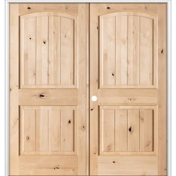 56 in. x 80 in. Rustic Knotty Alder 2-Panel Arch Top VG Right Active Unfinished Wood Double Prehung Interior Door