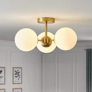 14.57 in. 3-Light Gold Modern/Contemporary Semi-Flush Mount Ceiling Light with White Globe Shade for Kitchen and Hallway