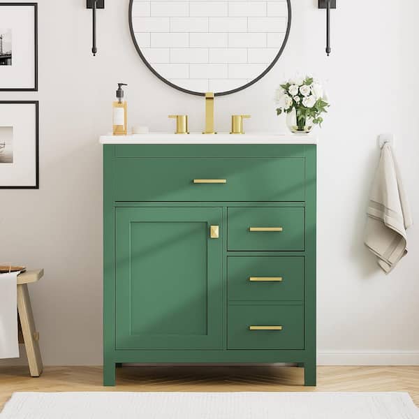 30 in. W Single Sink Freestanding Bath Vanity in Green with White Ceramic Top