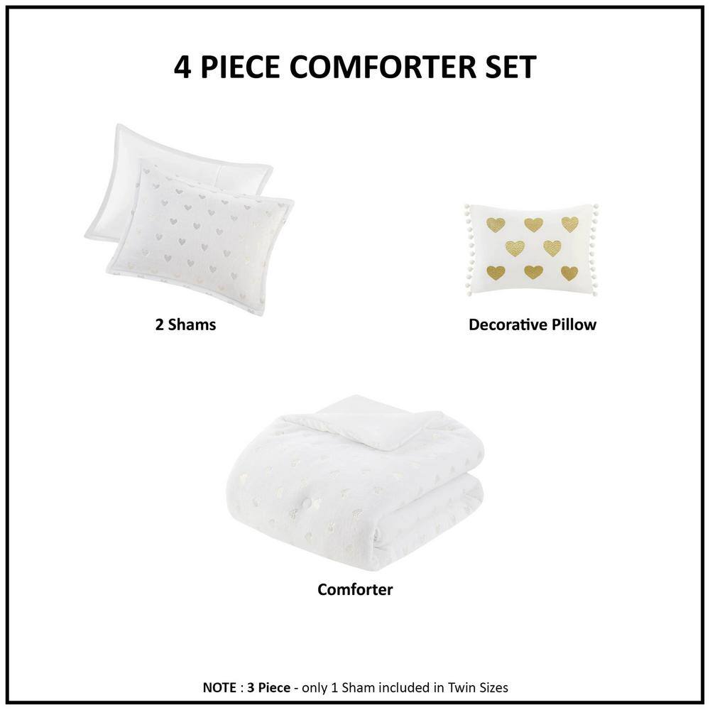 White and Gold Twin Microfiber Plush Comforter Set with Heart Print