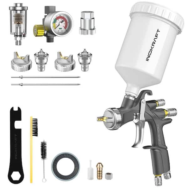 Pneumatic 1.3 mm to 1.7 mm Tips Gravity Feed LVLP Spray Gun with 600 ml Aluminum Cup, 3 Tips and Air Regulator