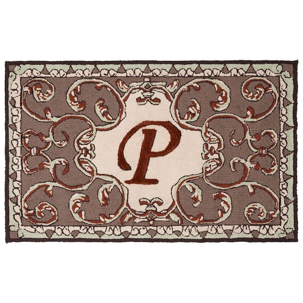 Monogram Mocha 3 ft. x 4 ft. "P" Ornate Floral Indoor/Outdoor Area Rug