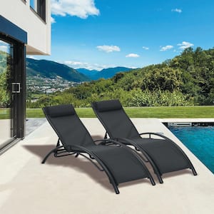 Black Metal with Black Fabric Outdoor Patio Adjustable Reclining Chaise Lounge (Set of 2)
