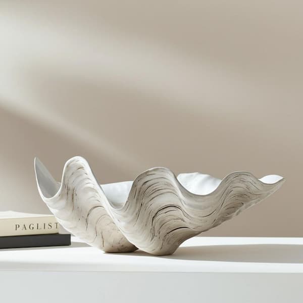 Ivory 9 in. x 5 in. Resin Solid Pearlized Shell Decorative Bowl