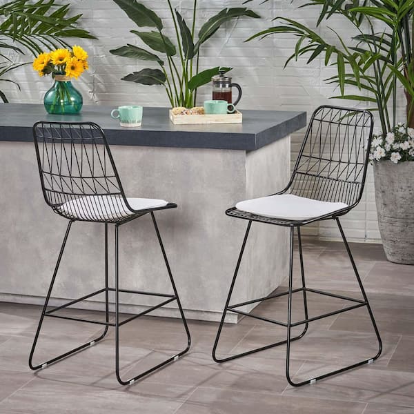 Unbranded 2-Piece Metal Outdoor Bar Stools, Indoor Outdoor Bar Height Chairs Counter Stool with Beige Cushion, Black