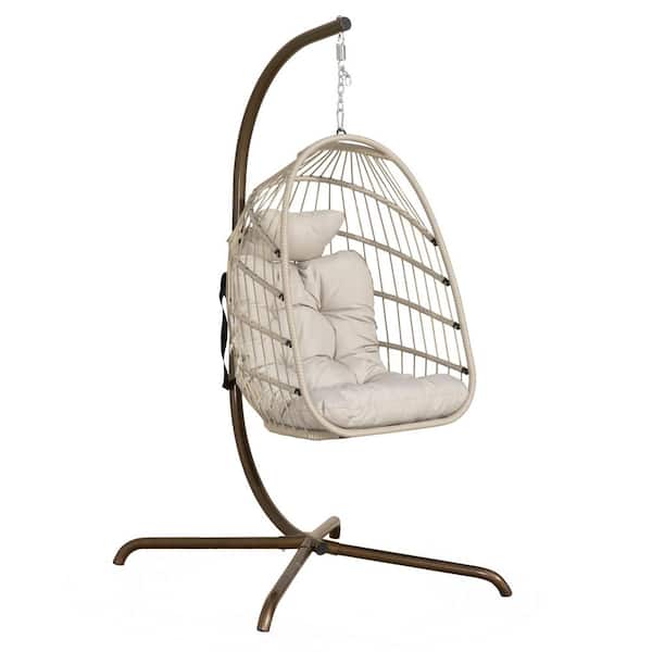 1-Person 350 lbs. Capacity Foldable Beige Wicker Egg Porch Swing Chair with Steel Stand and Beige Cushion for Patio