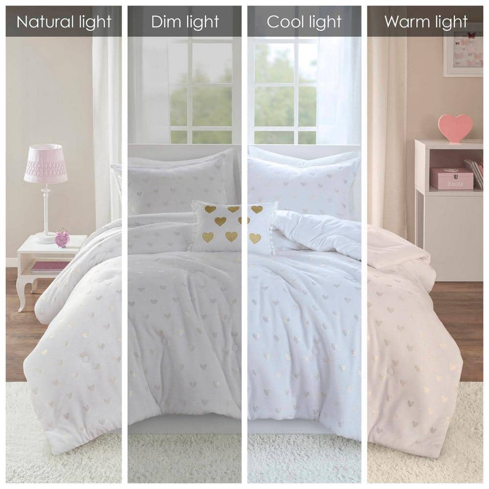 White and Gold Twin Microfiber Plush Comforter Set with Heart Print