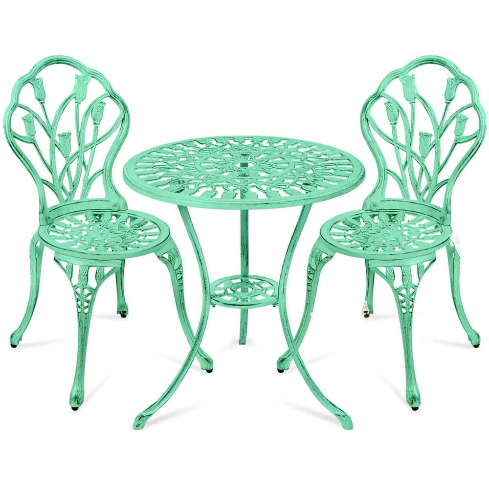Teal Cast Aluminum Outdoor Bistro Set with Floral Design
