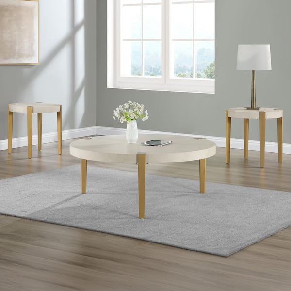Gracie 48 in. White Wood Top Round Coffee Table and 2 End Tables