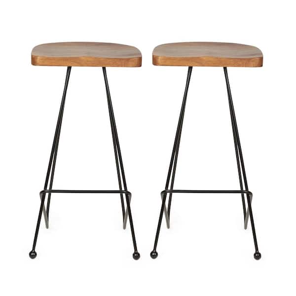 Noble House Royston 29.9 in. Natural and Black Backless Metal 28.75 in. Bar Stool with Wood Seat (Set of 2)