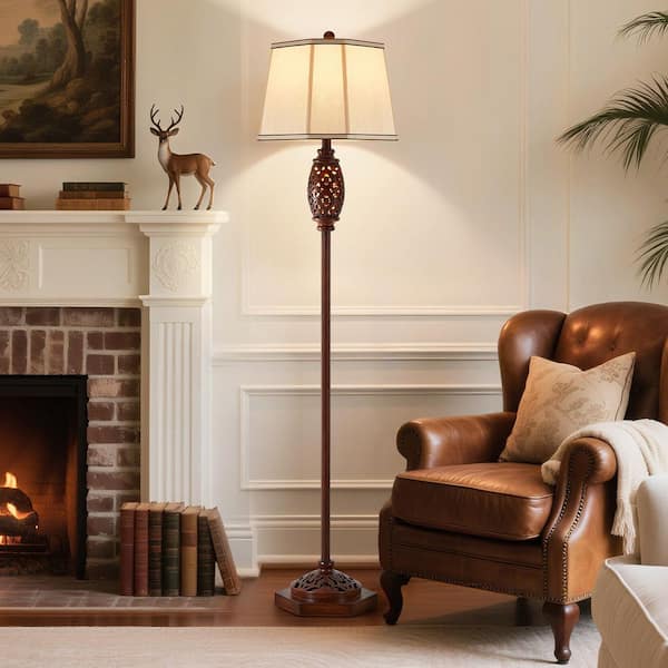63in Vintage Brown Standard Floor Lamp, Carved Resin with Hollow Light Design, for Living Room, Bedroom, Study.