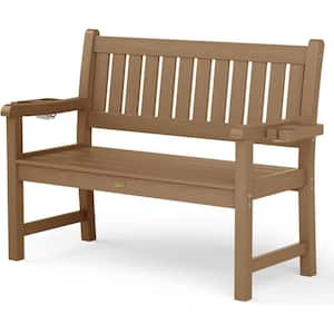 Teak 47 in. 2-Person Plastic Outdoor Garden Bench with Dual Cup Holders