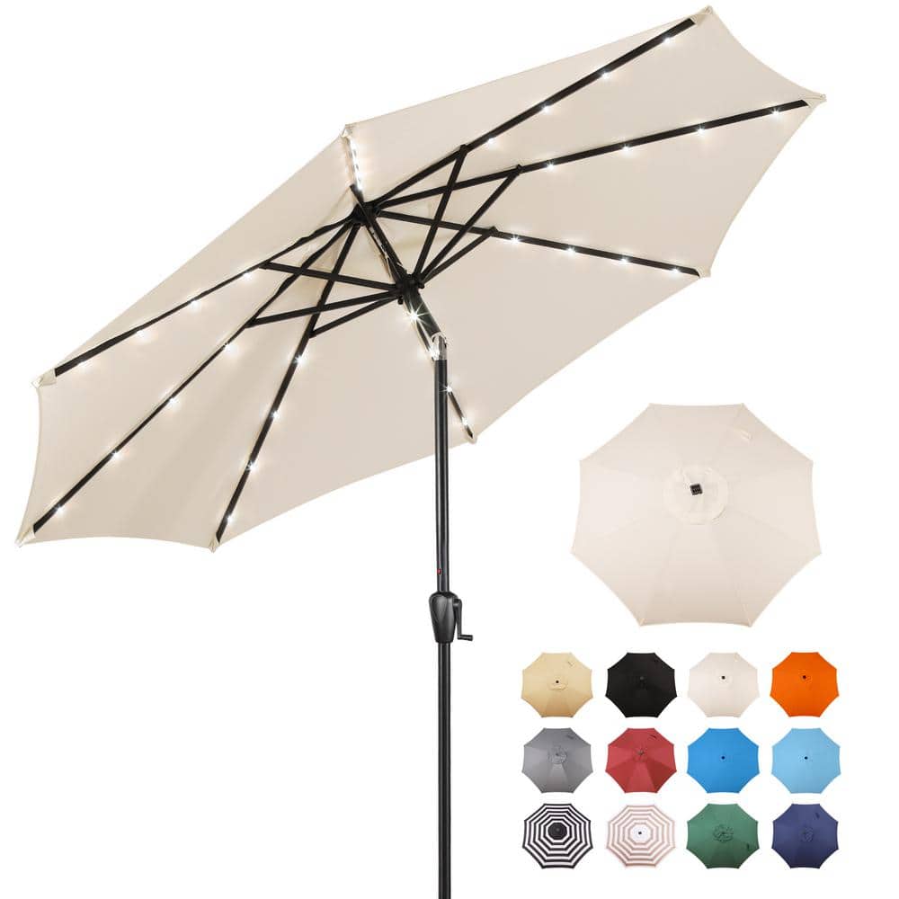 Sun-Ray 9 FT 32 LED Patio Solar Umbrella w/ Push Button Tilt and Crank Outdoor Umbrella  8 Sturdy Ribs  UV Protection  Solution-Dyed Fabric  Creamy Beige