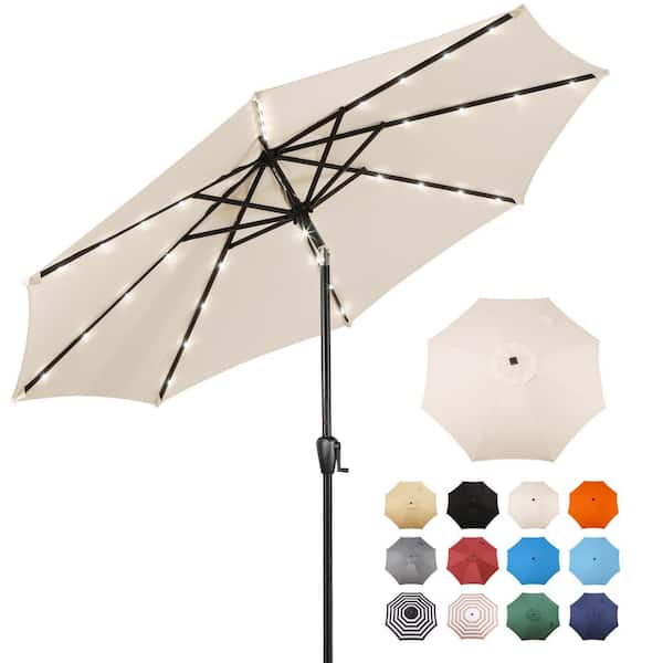Sun-Ray 9 ft. Steel Market Solar Lighted 8-Rib Round Patio Umbrella in Creamy Beige