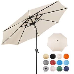 9 ft. Steel Market Solar Lighted 8-Rib Round Patio Umbrella in Creamy Beige