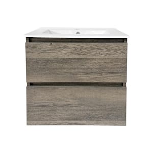 24 in W x 18 in. D x 23 in. H Floating Bath Vanity in Wax Oak with White Ceramic Top