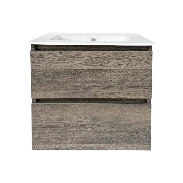 JAZAVA 24 in W x 18 in. D x 23 in. H Floating Bath Vanity in Wax Oak with White Ceramic Top