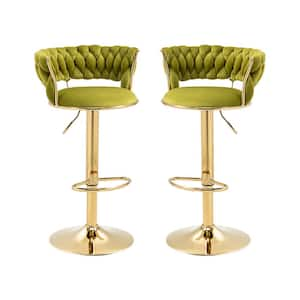 37 in. Swivel Adjustable Height Golden Metal Frame Cushioned Bar Stool with Green Velvet Seat (Set of 2)