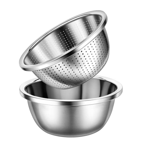 Silver 3 qt. 304 Stainless Steel Colander with Mixing Bowls, Strainer for Kitchen Food for Washing Vegetables (Set of 2)
