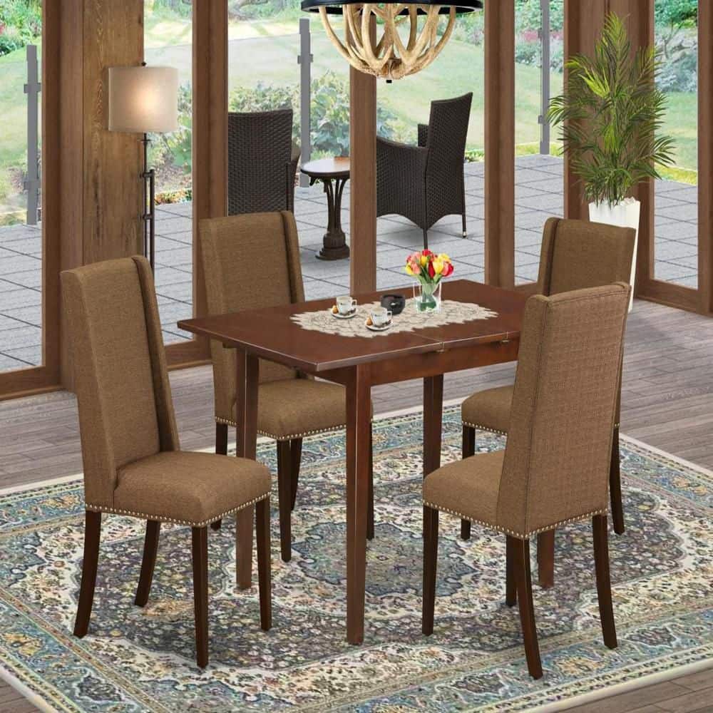 5-Piece Mahogany Finish Solid Wood Top Dining Table with 4 Parson Chair with Butterfly Leaf Lattice Back