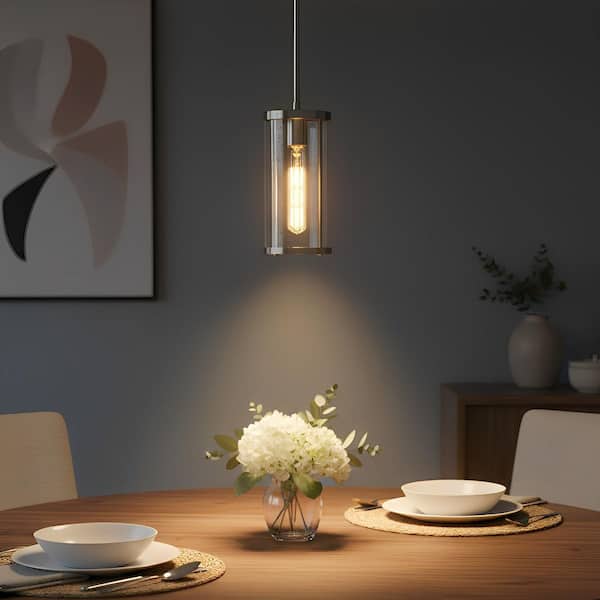 1-Light Modern Nickel Pendant Light with Clear Glass Shade, Industrial Fixture for Kitchen Island and Dining Room